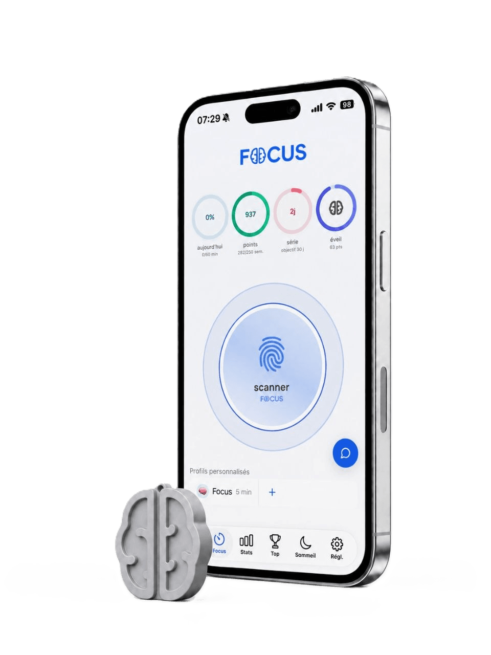 App Focus — accueil avec le bouton scanner et les statistiques du jour
