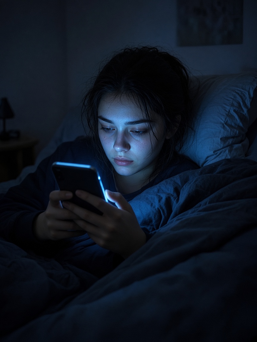 Scroll interminable au lit, lumière bleue du téléphone