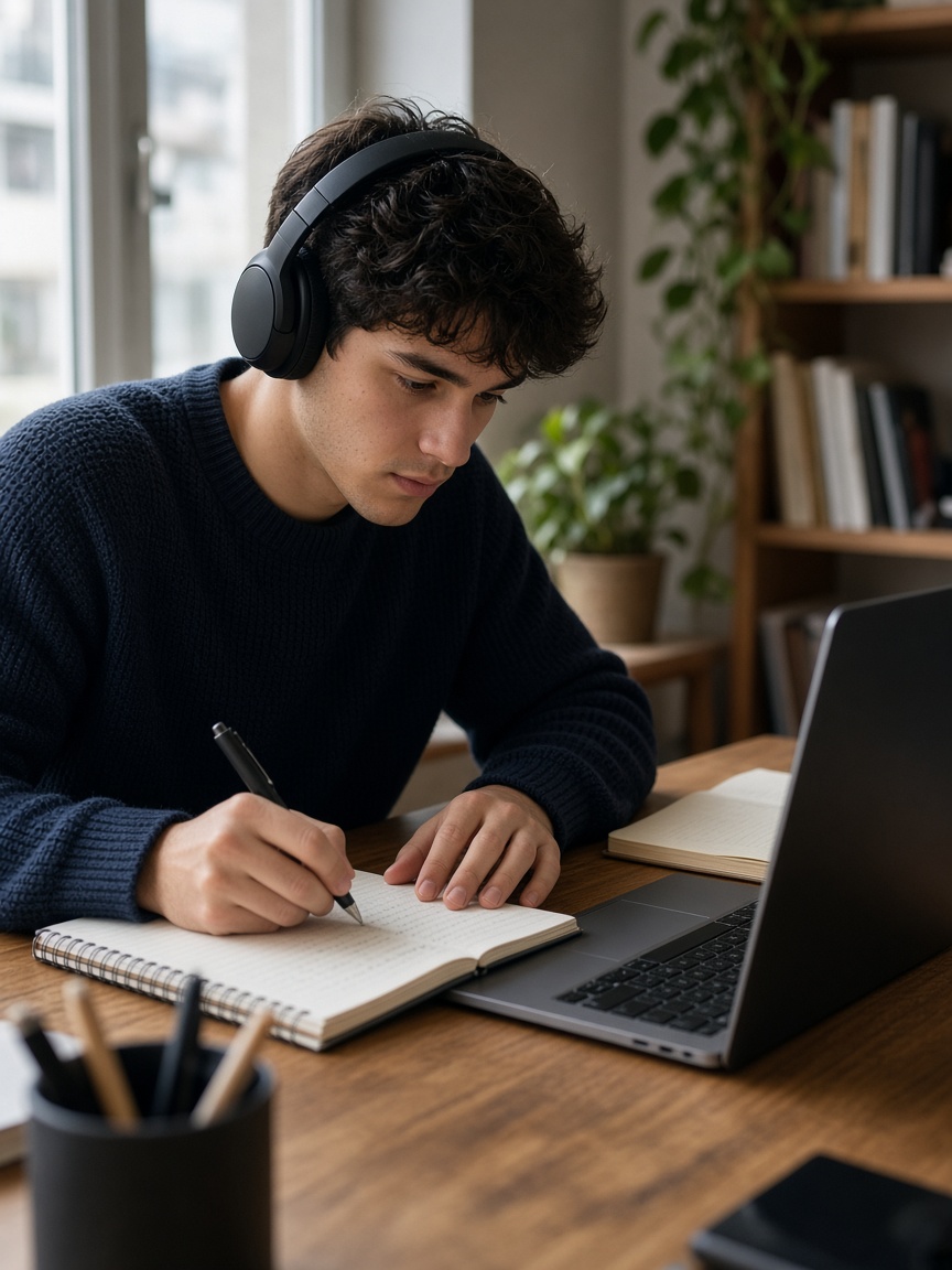 Personne concentrée, casque sur les oreilles, en train de travailler